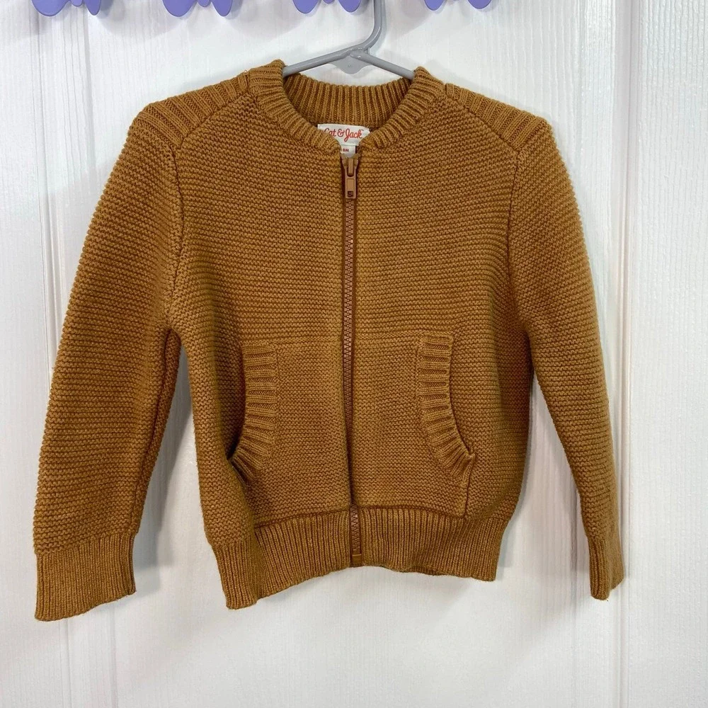 Cat & Jack unisex brown tan thick knit full zip sweater jacket‎ cotton 18 months